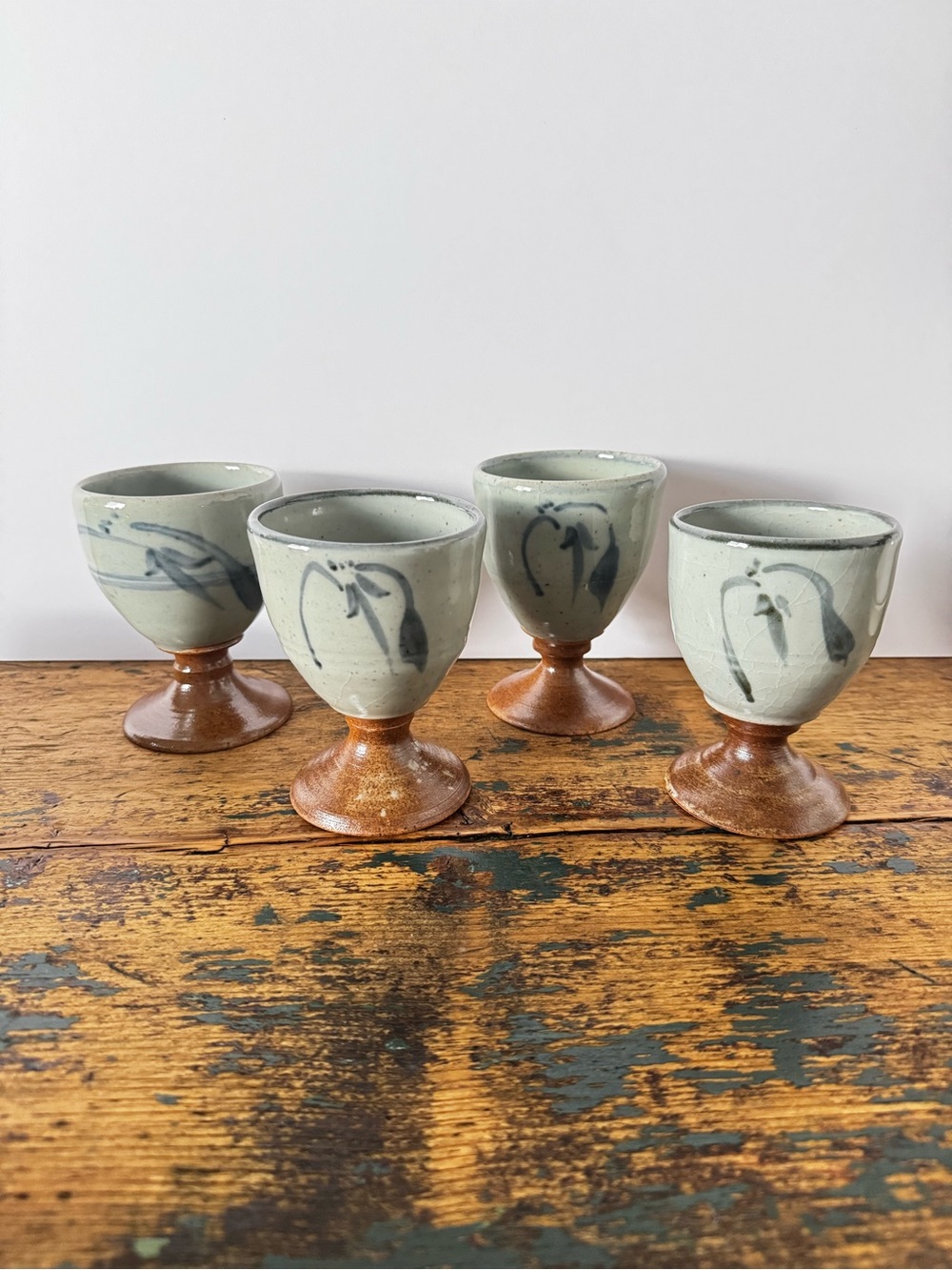 Handmade Stoneware Goblets — Speckled Gray with Brown Pedestals (Set of 4)